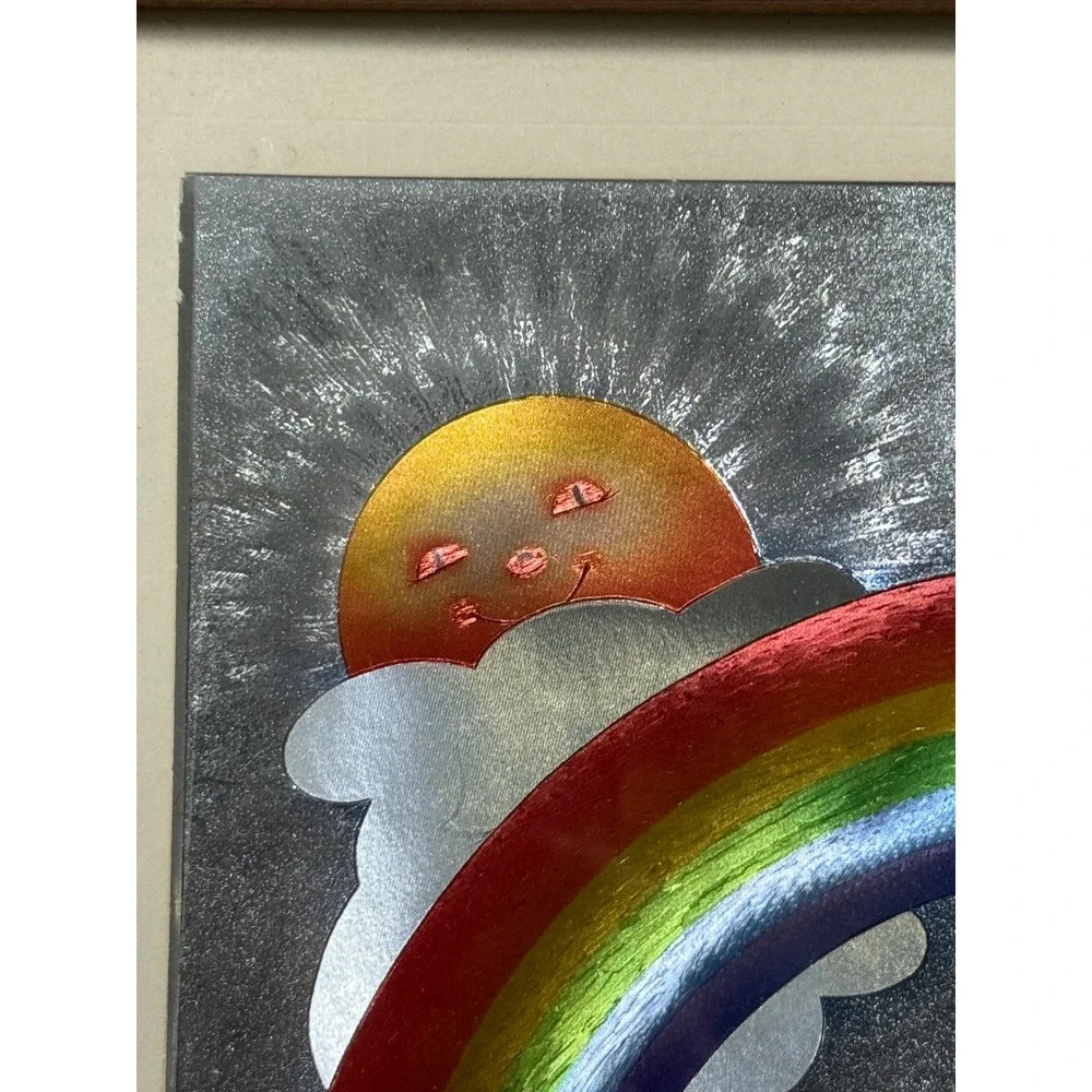 VTG DUFEX FOIL Art Framed Picture Teddy Bear Rainbow Sun Nursery Kid Decor 8x10